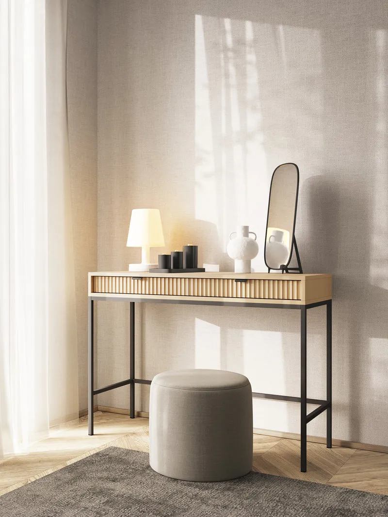 Toilettentisch Vellore mit zwei Schubladen und geriffelter Front, 104 cm, Vicenza-Eiche auf schwarzen Beinen