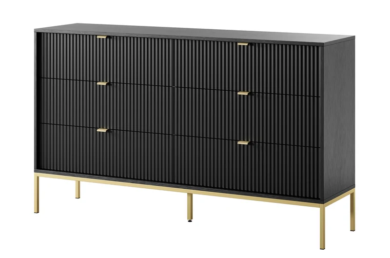 Sechsschubladige Kommode Vellore 154 cm schwarz mit gerillten Fronten und goldenem Gestell