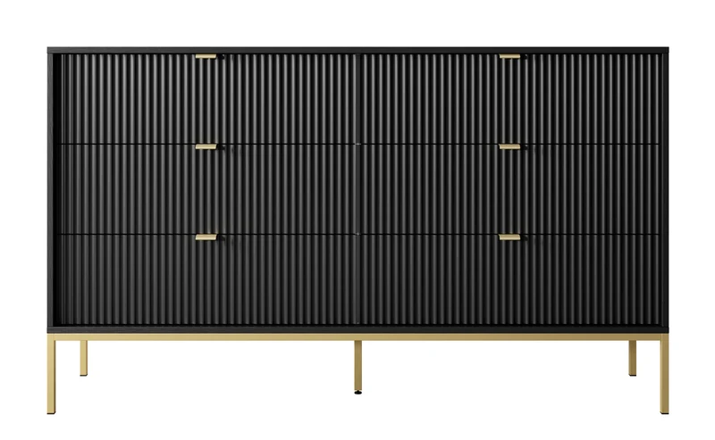 Sechsschubladige Kommode Vellore 154 cm schwarz mit gerillten Fronten und goldenem Gestell