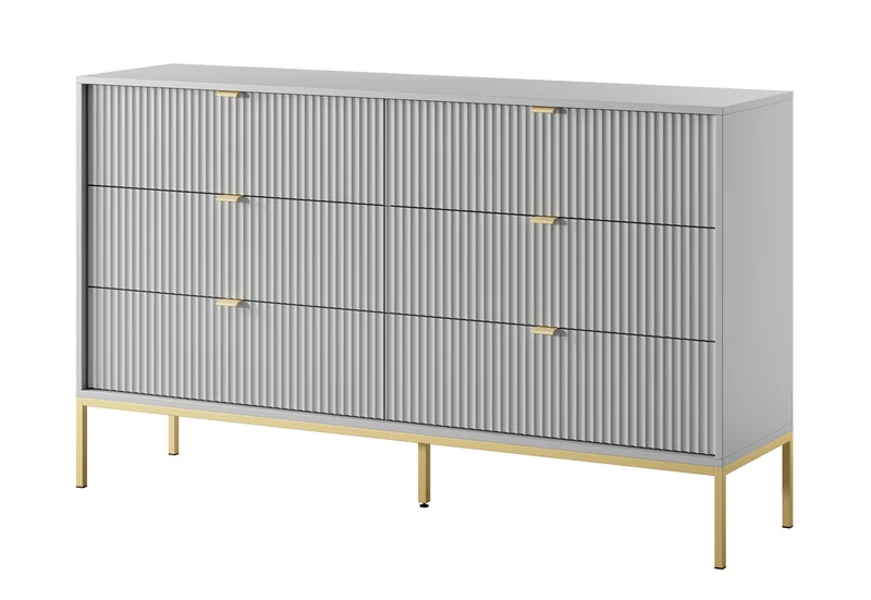 Sechsschubladige Kommode Vellore 154 cm grau mit gerillten Fronten und goldenem Gestell