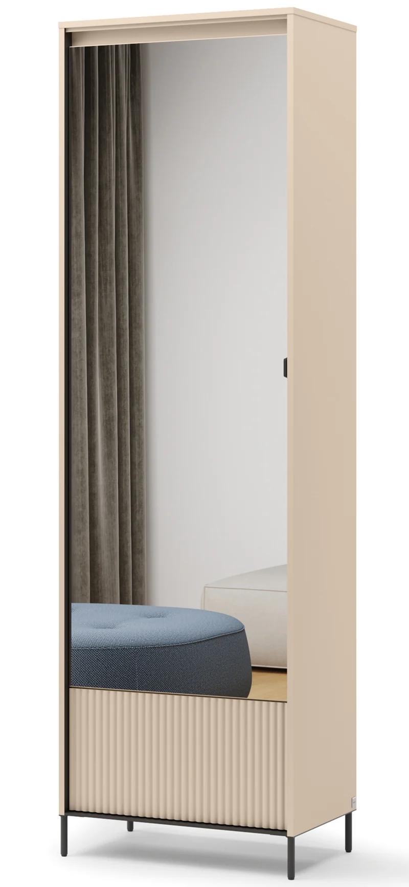 Einzeltüriger Trend-Schrank mit Spiegel und Beleuchtung, 65 cm, geriffeltes Frontdesign, sandbeige / schwarz