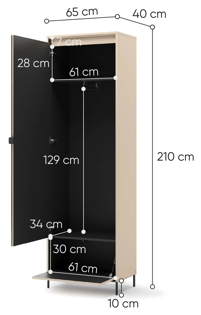Einzeltüriger Trend-Schrank mit Spiegel und Beleuchtung, 65 cm, geriffeltes Frontdesign, sandbeige / schwarz