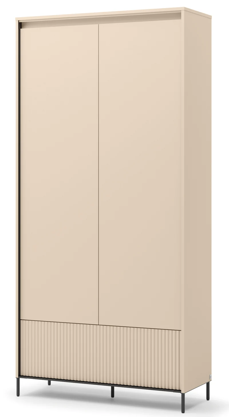 Zweittüriger Trend-Kleiderschrank mit Schublade und Beleuchtung, 101 cm, geriffelte Fronten in Sandbeige / Schwarz