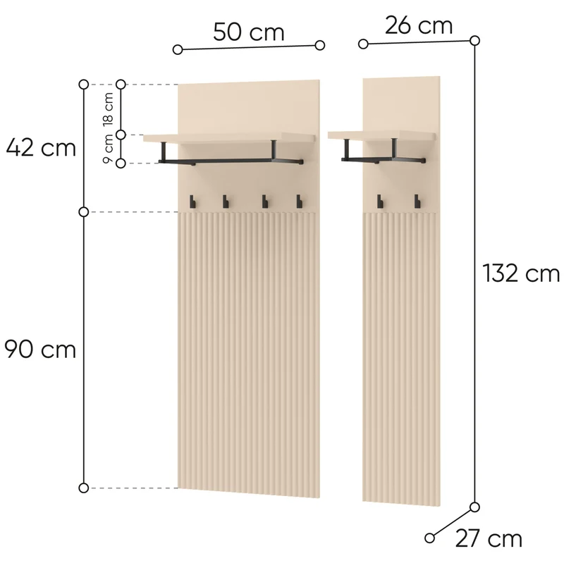 Wandhalter Trend mit Regalen 76 cm, gerillte Fronten, sandbeige / schwarz