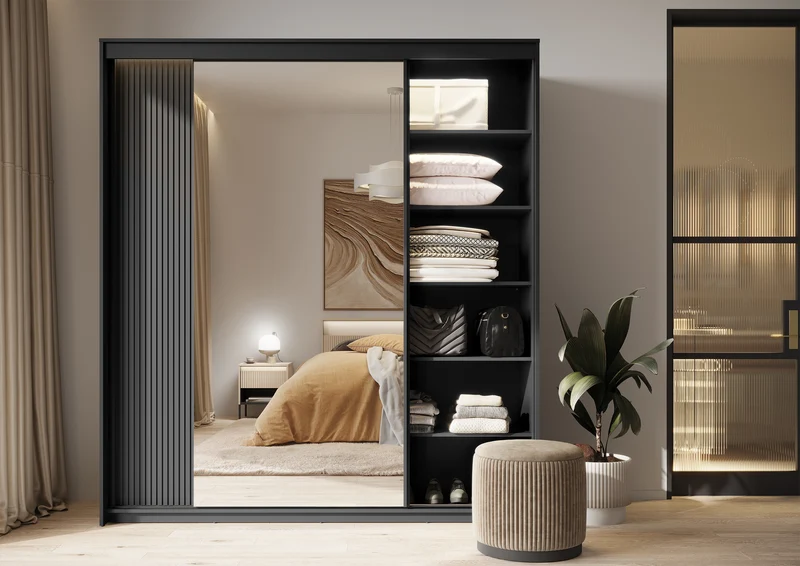 Schiebetürenschrank Trend, zweitürig, mit Spiegel und Beleuchtung, 200 cm, geriffeltes Frontdesign, schwarz