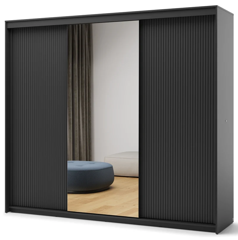 Drehtürenschrank Trend mit drei Türen, Spiegel und Beleuchtung, 250 cm, geriffelte Fronten, schwarz