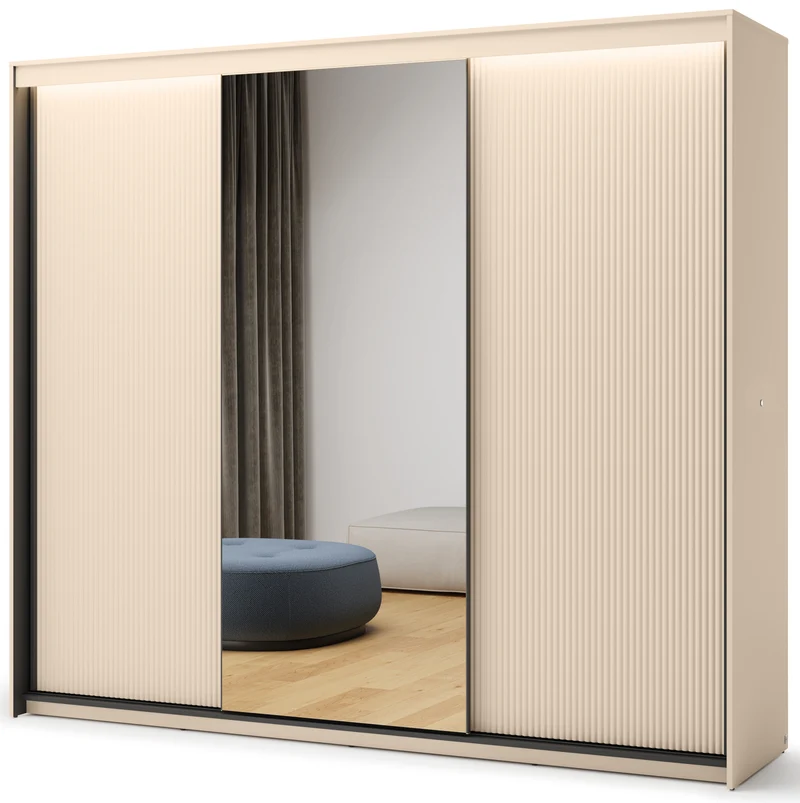 Trend Schiebetürenschrank, dreitürig, mit Spiegel und Beleuchtung, 250 cm, gerillte Fronten, sandbeige / schwarz