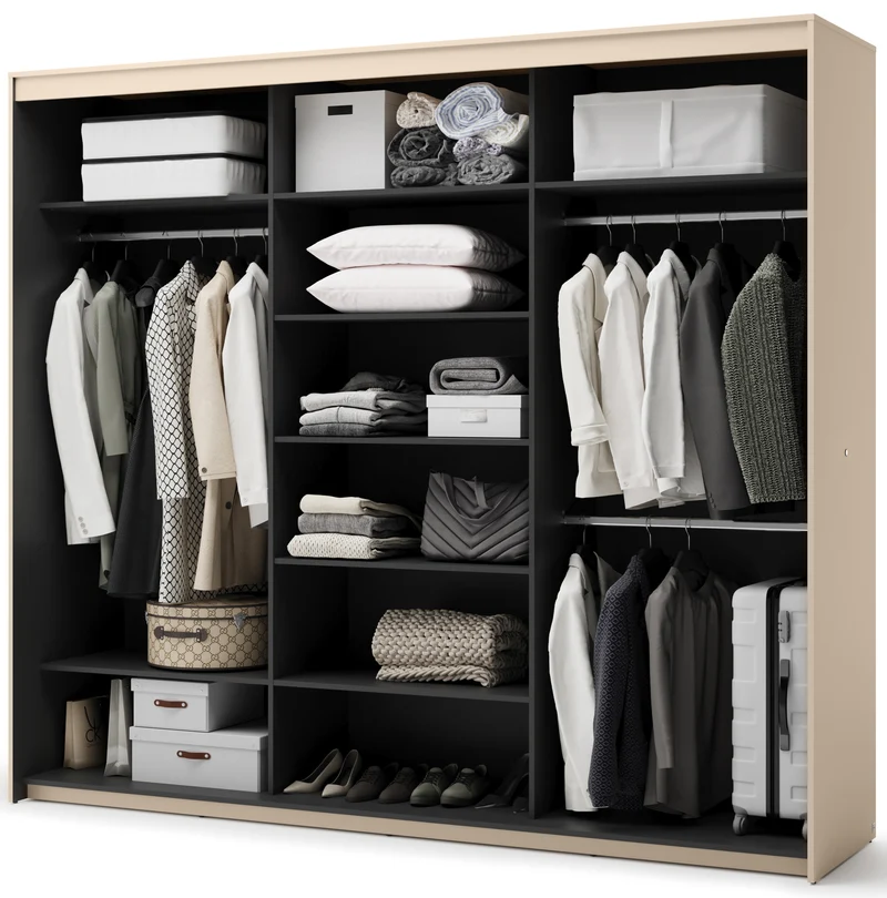 Trend Schiebetürenschrank, dreitürig, mit Spiegel und Beleuchtung, 250 cm, gerillte Fronten, sandbeige / schwarz