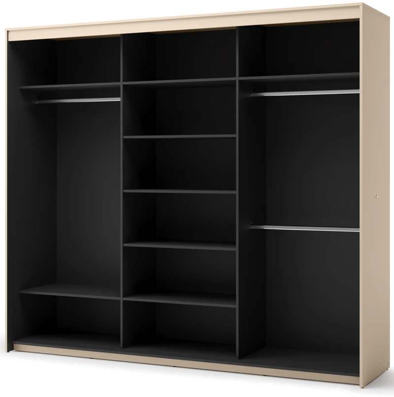 Trend Schiebetürenschrank, dreitürig, mit Spiegel und Beleuchtung, 250 cm, gerillte Fronten, sandbeige / schwarz