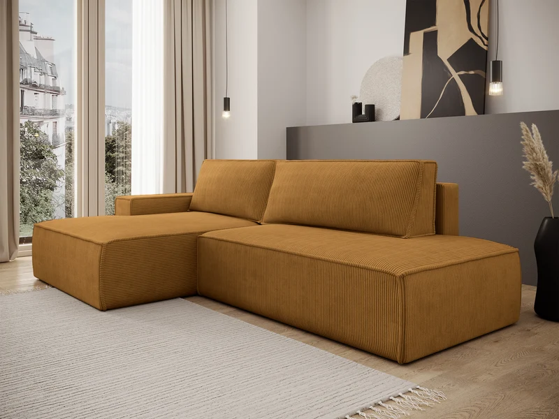 Ecksofa mit Schlaffunktion Felicjo, L-förmig, linksseitig, mit Stauraum, senfgelber Cordstoff