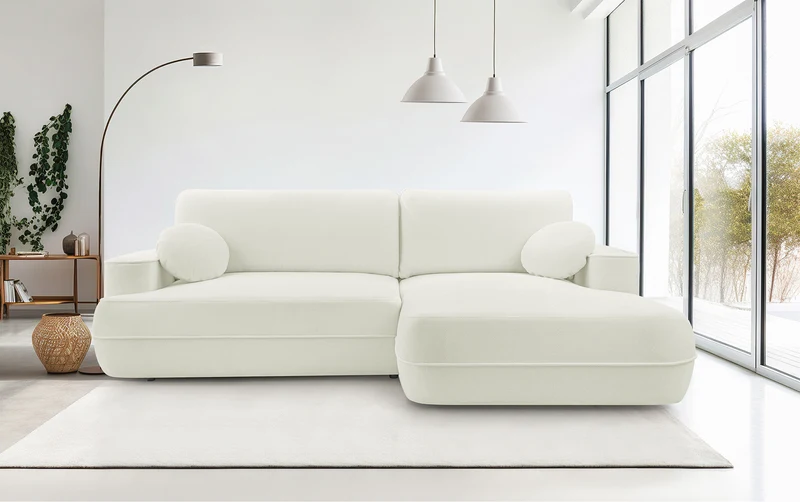 Ecksofa mit Schlaffunktion Fuerro, L-förmig, rechtsseitig, mit Stauraum, weiß, wasserabweisendes Geflecht