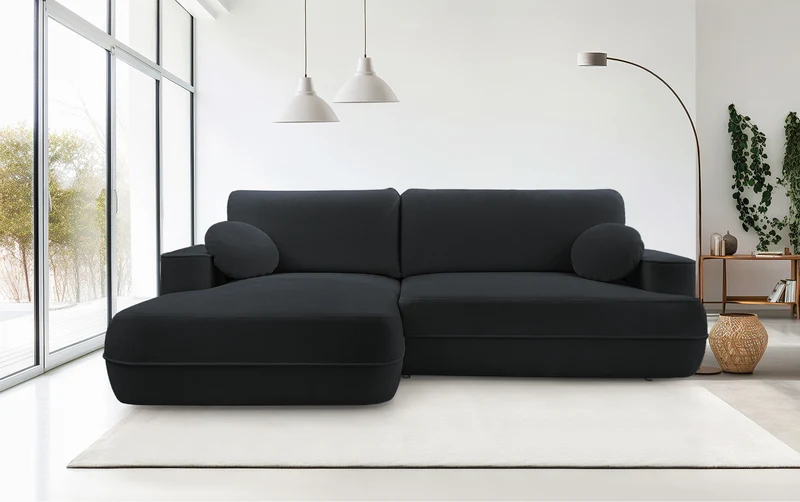 Ecksofa mit Schlaffunktion Fuerro, L-förmig, linksseitig, mit Stauraum, schwarz, wasserabweisendes Geflecht