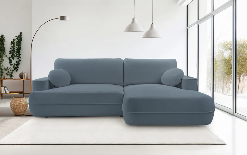 Ecksofa mit Schlaffunktion Fuerro, L-förmig, rechtsseitig, mit Stauraum, hellblau, gewebt, wasserabweisend