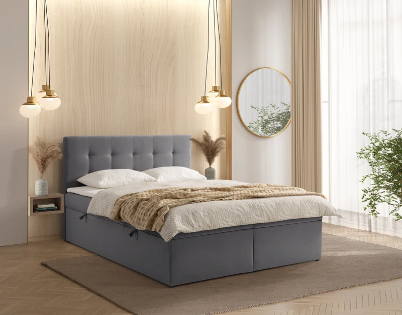 Kontinentales Bett 180x200 cm Ronneo mit Stauraum und Topper, taubengrauer Samt