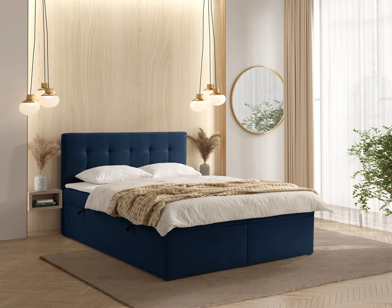 Kontinentalbett 140x200 cm Ronneo mit Stauraum und Topper, dunkelblauer Samt