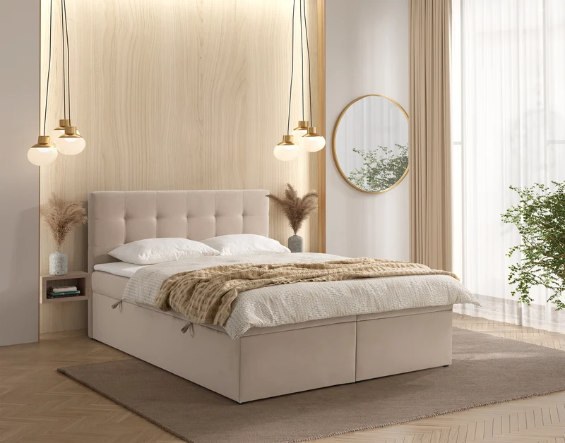 Kontinentalbett 140x200 cm Ronneo mit Stauraum und Topper, hellbeiger Samt