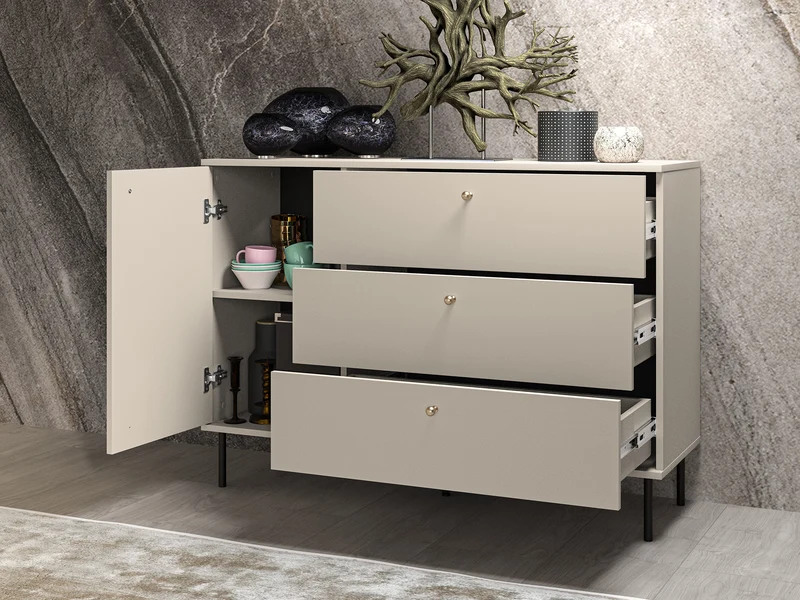 Einflügler-Kommode Caletto mit drei Schubladen, 120 cm, dekorative Lamellen, beige