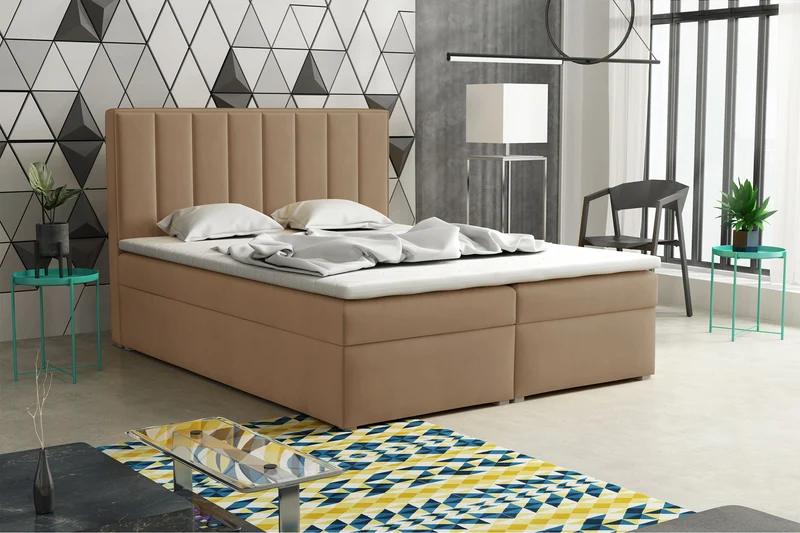 Kontinentalbett 140x200 cm Rinus mit Stauraum und Topper, beige Samt