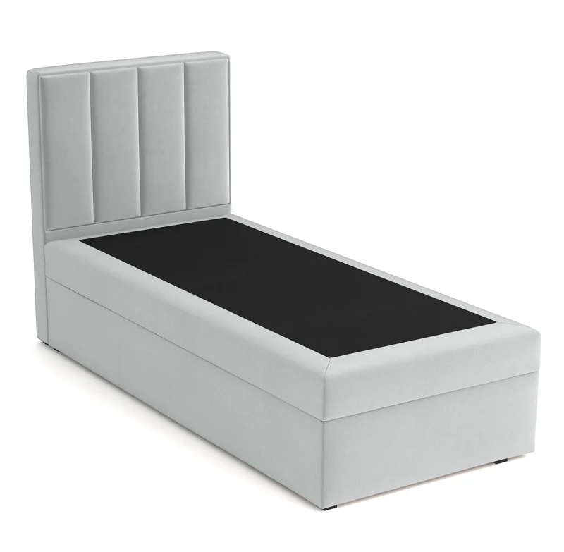 Kontinentalbett 90x200 cm Rinus mit Stauraum, hellgrauer Velours, wasserabweisend, rechtsseitig