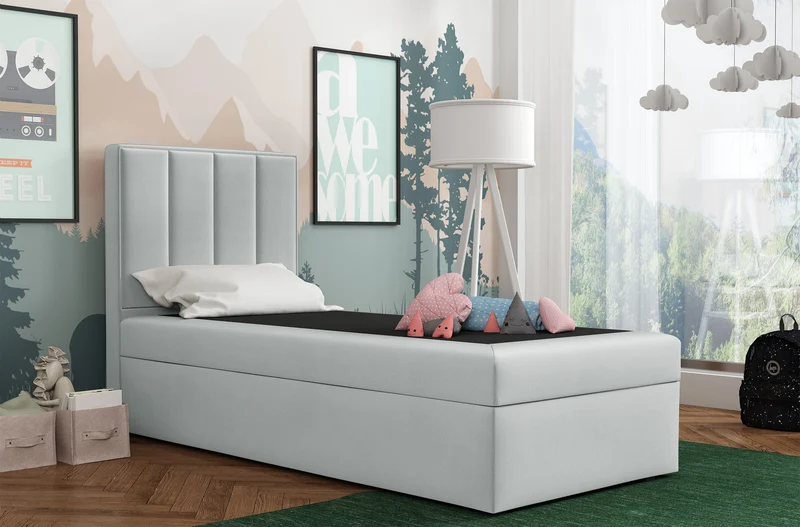 Kontinentalbett 90x200 cm Rinus mit Stauraum, hellgrauer Velours, wasserabweisend, rechtsseitig