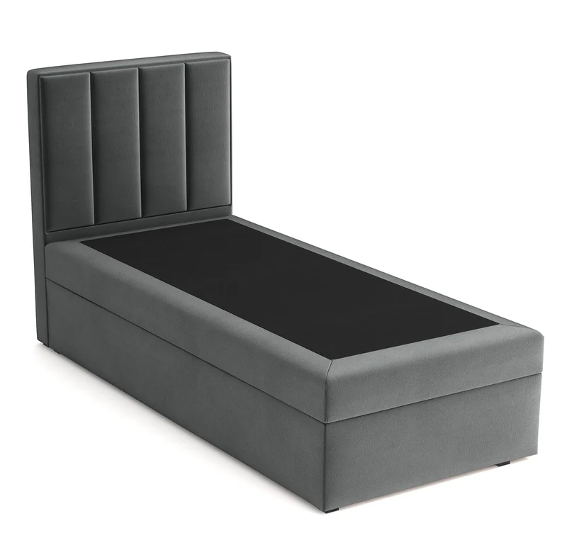 Kontinentales Bett 90x200 cm Rinus mit Stauraum, dunkelgrauer Velours, hydrophob, linksseitig
