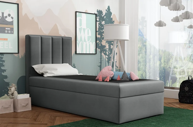 Kontinentales Bett 90x200 cm Rinus mit Stauraum, dunkelgrauer Velours, hydrophob, linksseitig