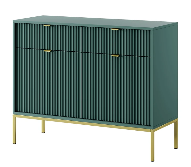 Zweiturige Kommode Vellore 104 cm grün mit gerillten Fronten, goldenen Griffen und Gestell
