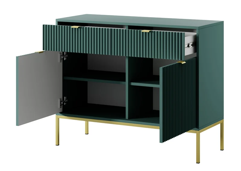 Zweiturige Kommode Vellore 104 cm grün mit gerillten Fronten, goldenen Griffen und Gestell