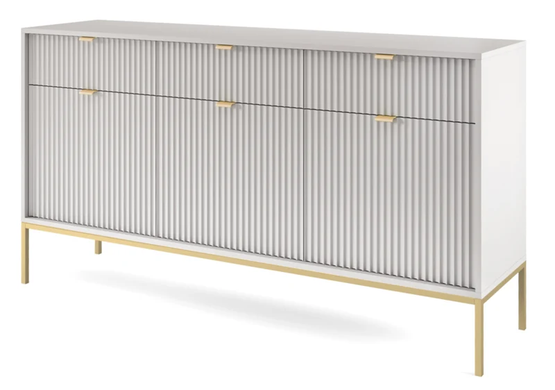Drehtür-Kommode Vellore 154 cm grau mit gerillten Fronten und goldenem Gestell