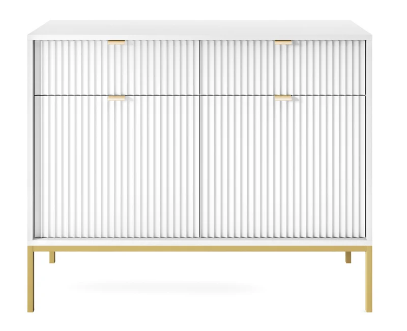 Zweiturige Kommode Vellore 104 cm weiß mit gerillten Fronten und goldenem Gestell