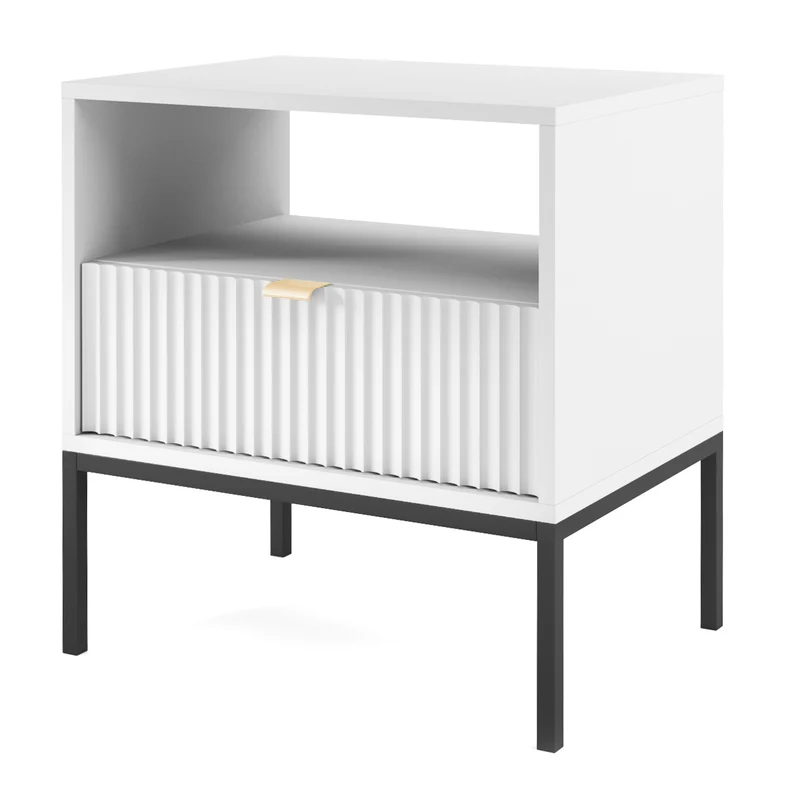 Nachttisch Vellore 54 cm weiß mit geriffelter Front und goldenem Griff