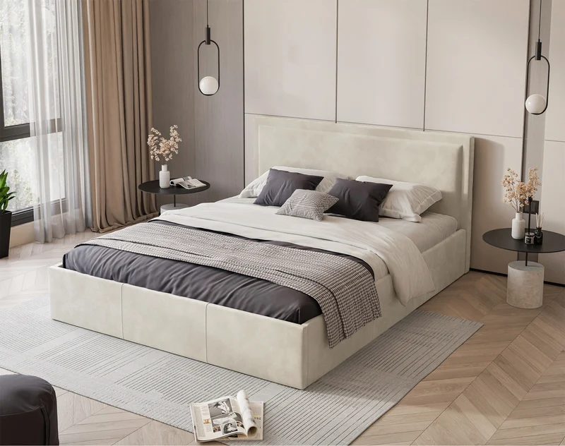 Polsterbett 180x200 cm Soave mit Stauraum und Metallrahmen, cremefarbener Samt