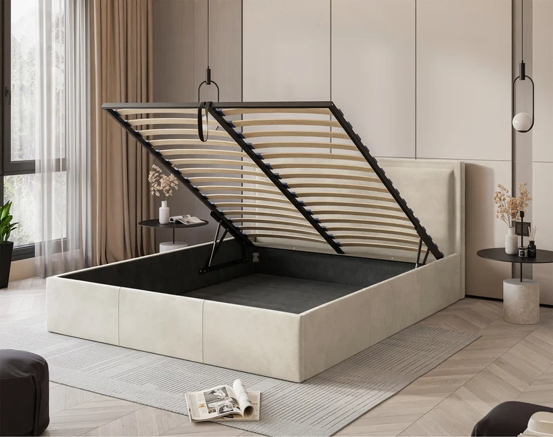 Polsterbett 180x200 cm Soave mit Stauraum und Metallrahmen, cremefarbener Samt