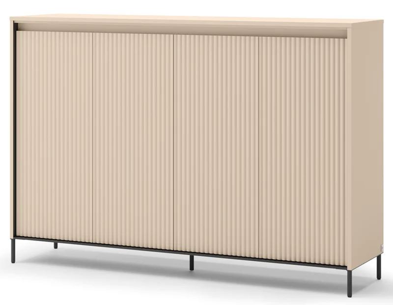 Hohe Kommode Trend mit vier Türen und Beleuchtung, 153 cm, gerillte Fronten, sandbeige / schwarz
