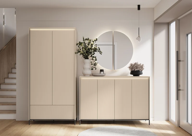 Hohe Kommode Trend mit vier Türen und Beleuchtung, 153 cm, gerillte Fronten, sandbeige / schwarz