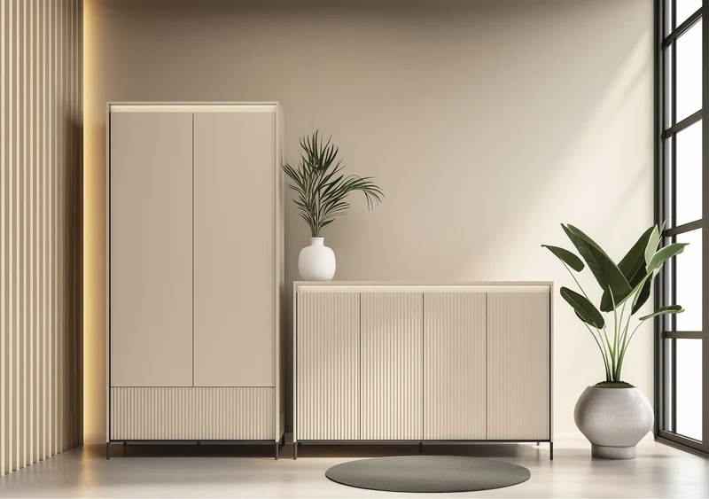 Hohe Kommode Trend mit vier Türen und Beleuchtung, 153 cm, gerillte Fronten, sandbeige / schwarz