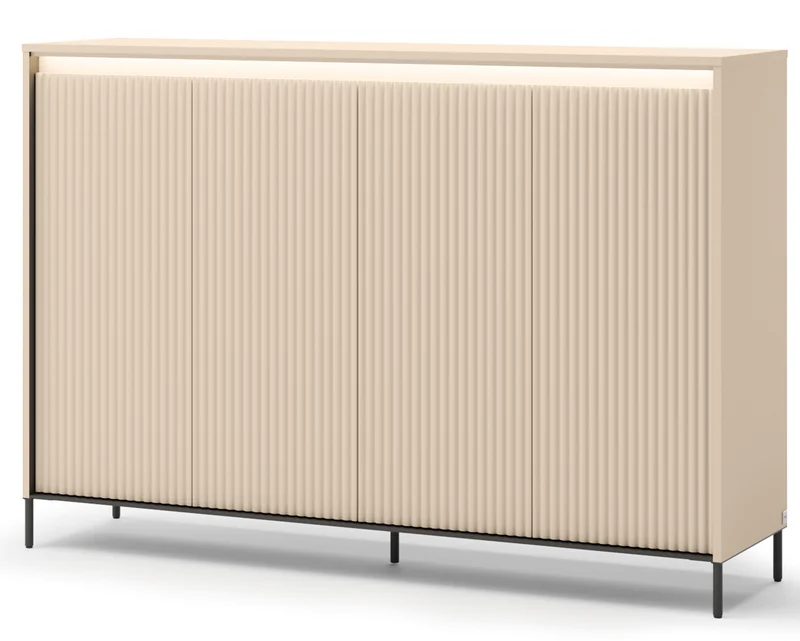 Hohe Kommode Trend mit vier Türen und Beleuchtung, 153 cm, gerillte Fronten, sandbeige / schwarz