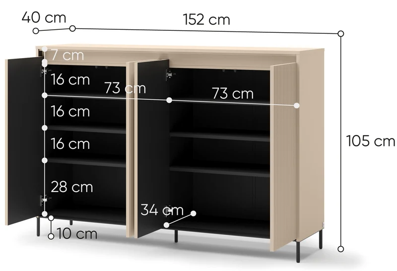 Hohe Kommode Trend mit vier Türen und Beleuchtung, 153 cm, gerillte Fronten, sandbeige / schwarz