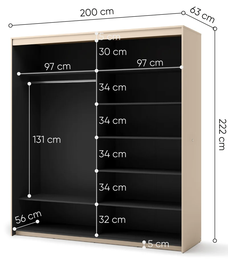 Schiebetürenschrank Trend, zweitürig, mit Spiegel und Beleuchtung, 200 cm, geriffeltes Frontdesign, sandbeige / schwarz