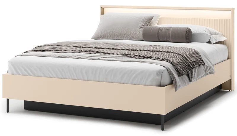 Trend Bett 160x200 cm geriffelt mit Stauraum und Beleuchtung sandbeige / schwarz
