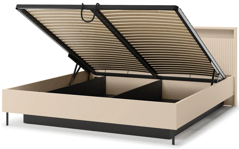 Trend-Bett 180x200 cm, gerillt, mit Stauraum und Beleuchtung, sandbeige / schwarz