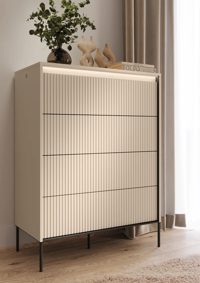 Hohe Kommode Trend mit vier Schubladen und Beleuchtung, 93 cm, gerillte Fronten, sandbeige / schwarz
