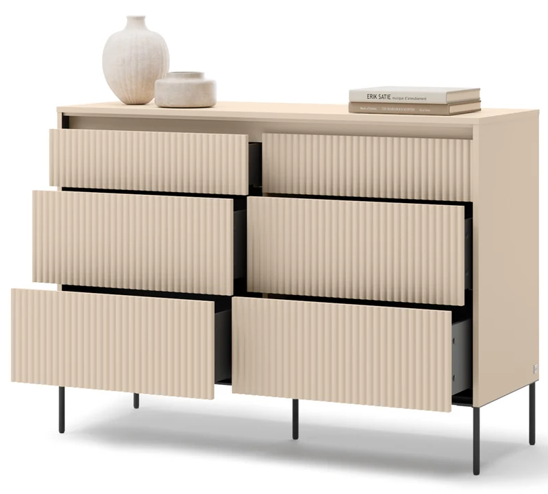 Trend-Kommode mit sechs Schubladen und Beleuchtung, 130 cm, gerillte Fronten, Sandbeige / Schwarz