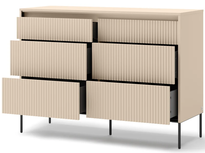 Trend-Kommode mit sechs Schubladen und Beleuchtung, 130 cm, gerillte Fronten, Sandbeige / Schwarz