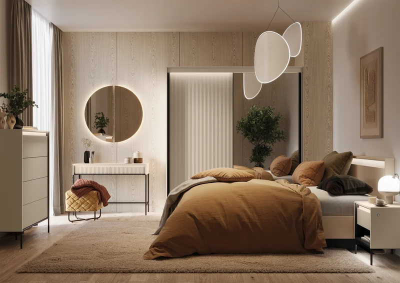Trend Schminktisch mit Schubladen und Beleuchtung 112 cm, geriffelte Fronten, sandbeige / schwarz