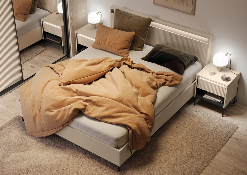 Trend Nachttisch mit Schublade und Beleuchtung 46 cm, gerillte Front, sandbeige / schwarz