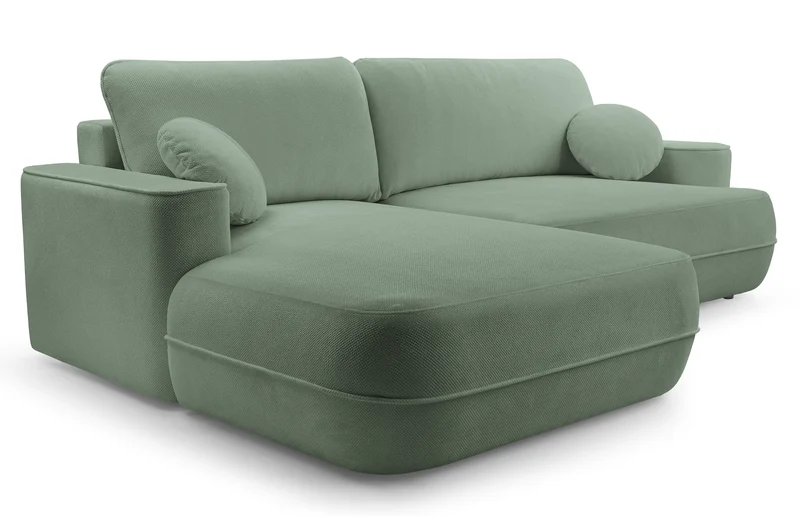 Ecksofa mit Schlaffunktion Fuerro, L-förmig, linksseitig, mit Stauraum, salbeigrüner Flechtstoff, wasserabweisend