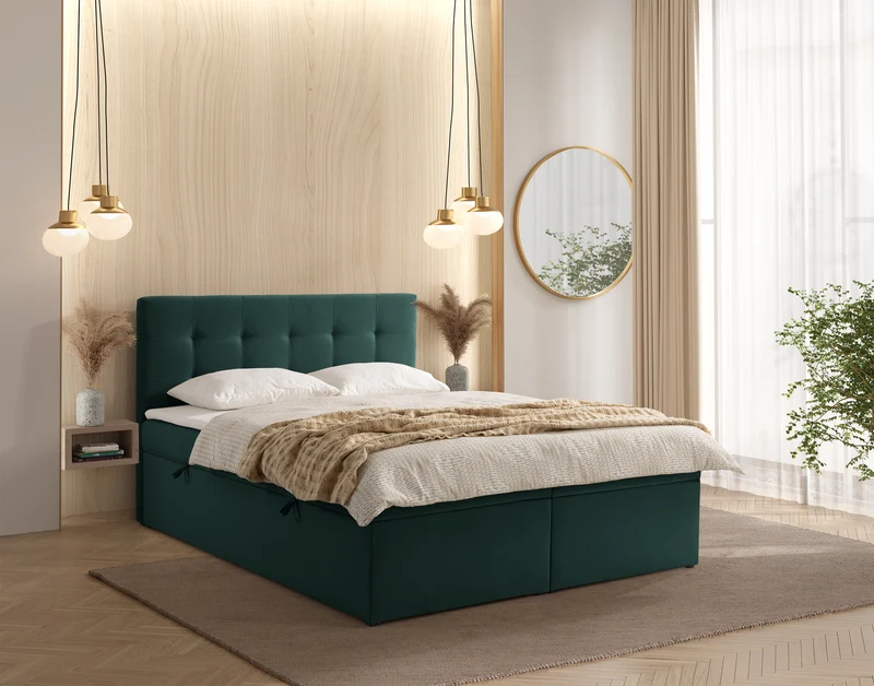 Kontinentales Bett 160x200 cm Ronneo mit Stauraum und Topper, grüner Samt