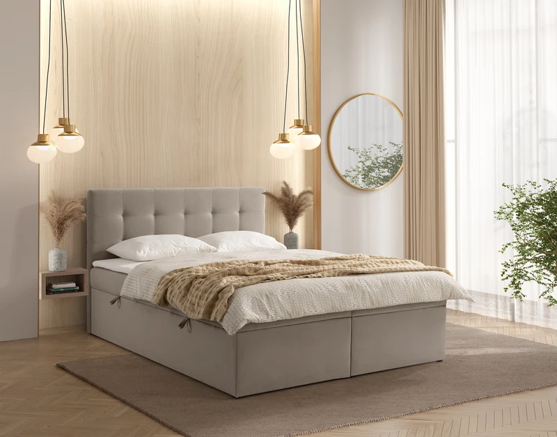 Kontinentales Bett 140x200 cm Ronneo mit Stauraum und Topper, grau-beiges Samt