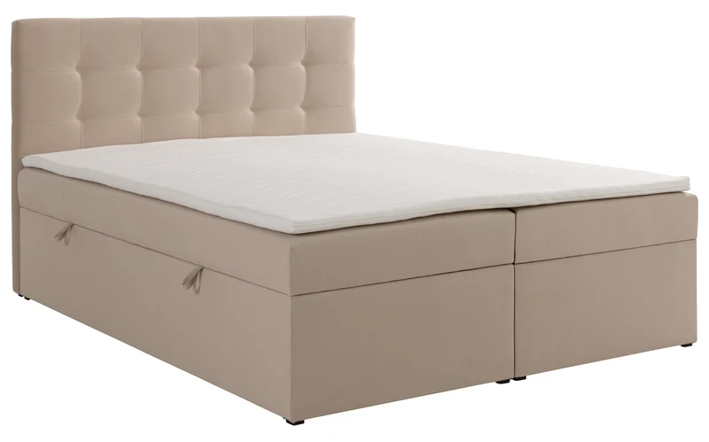 Kontinentales Bett 160x200 cm Ronneo mit Stauraum und Topper, hellbeiger Samt